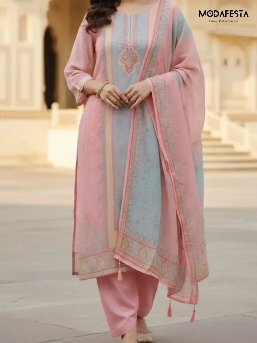 Peach Printed Kurti Set